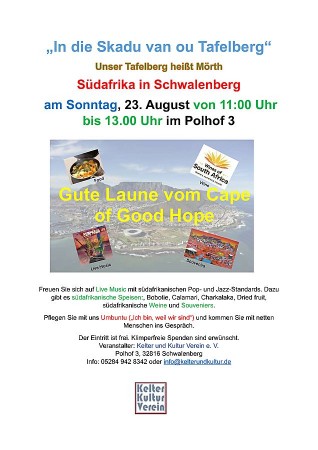 Veranstaltungsplakat „Südafrika in Schwalenberg“ mit Tafelberg-Motiv und Hinweisen zu Live-Musik, Speisen, Wein und Souvenirs.