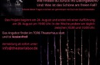 Veranstaltungsplakat zum Theaterprojekt balance/act mit pinker und weißer Schrift sowie Bühnenfotos von Jugendlichen.