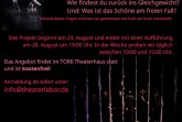 Veranstaltungsplakat zum Theaterprojekt balance/act mit pinker und weißer Schrift sowie Bühnenfotos von Jugendlichen.