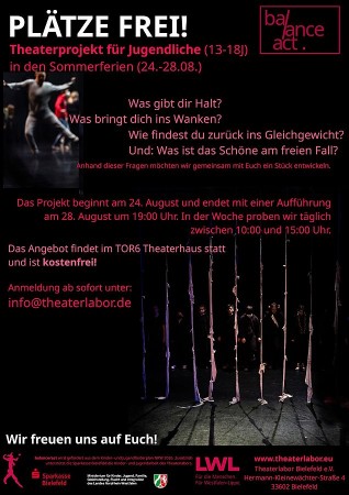 Veranstaltungsplakat zum Theaterprojekt balance/act mit pinker und weißer Schrift sowie Bühnenfotos von Jugendlichen.