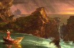 Gemälde von Thomas Cole mit einer Figurengruppe in einem Boot auf stürmischer See zwischen hohen Felsen bei dramatischem Abendhimmel.