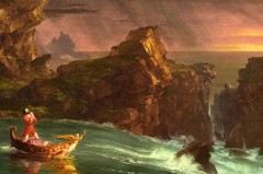 Gemälde von Thomas Cole mit einer Figurengruppe in einem Boot auf stürmischer See zwischen hohen Felsen bei dramatischem Abendhimmel.