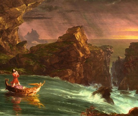 Gemälde von Thomas Cole mit einer Figurengruppe in einem Boot auf stürmischer See zwischen hohen Felsen bei dramatischem Abendhimmel.
