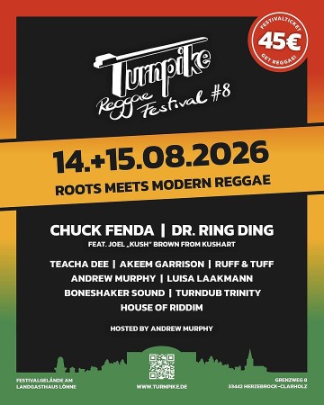 Veranstaltungsplakat zum Turnpike Reggae Festival 2026 mit Datum, Line-up, Ticketpreis und Veranstaltungsort.
