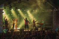 Musikerinnen und Musiker auf der beleuchteten Bühne des Turnpike Reggae Festivals vor einem dicht stehenden Publikum.