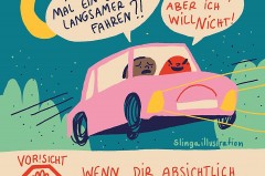 Illustration eines Autos bei Nacht mit Sprechblasen über absichtliches Angstmachen und persönlichen Grenzen in einer Beziehung.