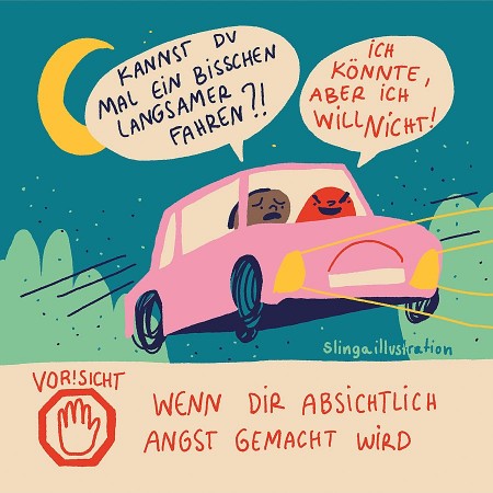 Illustration eines Autos bei Nacht mit Sprechblasen über absichtliches Angstmachen und persönlichen Grenzen in einer Beziehung.