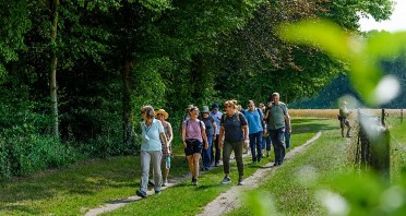 Eine Gruppe Erwachsener wandert auf einem Feldweg zwischen Waldrand und Getreidefeld im Kreis Gütersloh.