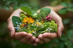 Zwei Hände halten eine Mischung aus grünen Wildkräutern sowie gelben, blauen, weißen und rosafarbenen Blüten.