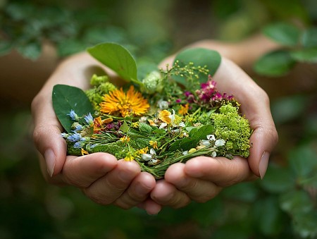 Zwei Hände halten eine Mischung aus grünen Wildkräutern sowie gelben, blauen, weißen und rosafarbenen Blüten.