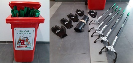 Roter CleanCaddy der Stadt Bielefeld sowie Greifzangen und Handschuhe für Müllsammelaktionen.