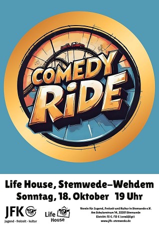 Veranstaltungsplakat mit großem „Comedy Ride“-Schriftzug und Angaben zum Life House Stemwede-Wehdem am Sonntag, 18. Oktober, um 19 Uhr.