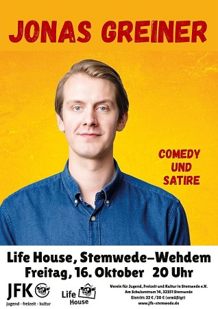 Veranstaltungsplakat zu „Jonas Greiner im Life House“ mit Porträt eines Mannes vor gelbem Hintergrund.