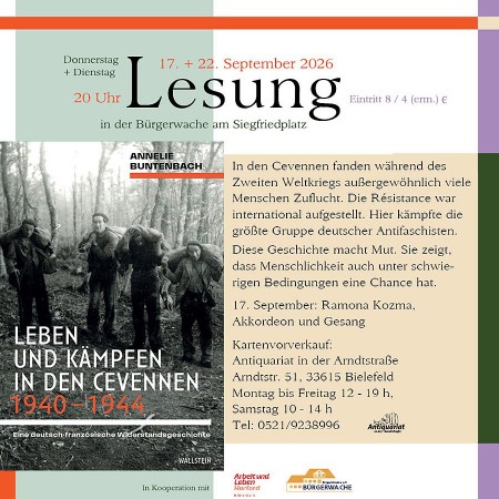 Veranstaltungsplakat zur Lesung von Annelie Buntenbach mit dem Buchcover „Leben und Kämpfen in den Cevennen 1940–1944“ und den Terminen in der Bürgerwache Bielefeld.