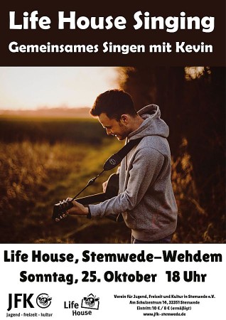 Plakat zum Life House Singing in Stemwede-Wehdem mit Foto eines Gitarristen im Freien und Veranstaltungsdaten.