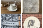 Collage mit Kaffeegeschirr, einer historischen Buchseite, dem Straßenschild Rosentalstraße und einer Porträttafel von C. von Humboldt.