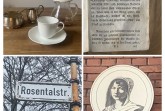 Collage mit Kaffeegeschirr, einer historischen Buchseite, dem Straßenschild Rosentalstraße und einer Porträttafel von C. von Humboldt.