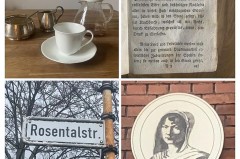 Collage mit Kaffeegeschirr, einer historischen Buchseite, dem Straßenschild Rosentalstraße und einer Porträttafel von C. von Humboldt.