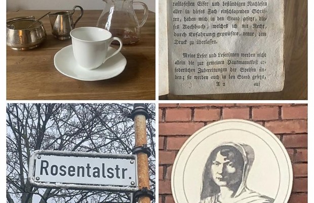 Collage mit Kaffeegeschirr, einer historischen Buchseite, dem Straßenschild Rosentalstraße und einer Porträttafel von C. von Humboldt.