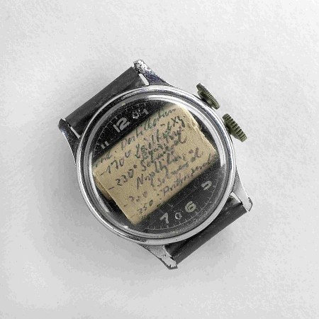 Alte Armbanduhr mit handgeschriebenem Spickzettel unter dem Uhrglas.