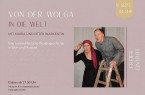 Veranstaltungsplakat „Von der Wolga in die Welt“ mit Maria und Peter Warkentin an einer Holzleiter, Termin 9. September, 18 Uhr.
